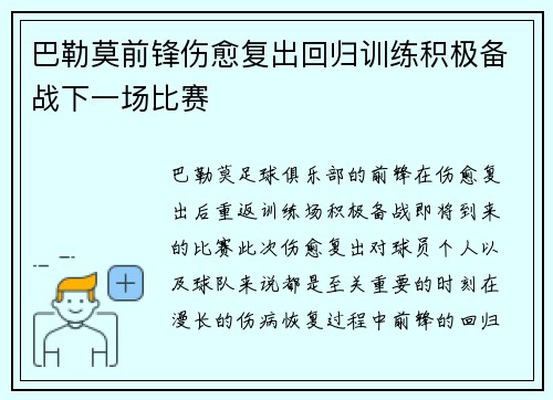 巴勒莫前锋伤愈复出回归训练积极备战下一场比赛