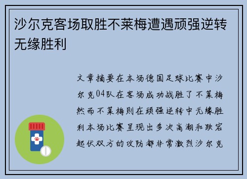 沙尔克客场取胜不莱梅遭遇顽强逆转无缘胜利