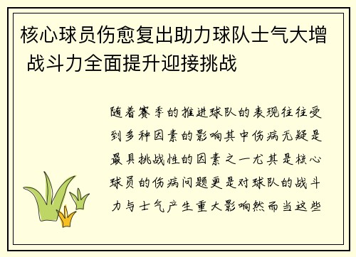 核心球员伤愈复出助力球队士气大增 战斗力全面提升迎接挑战
