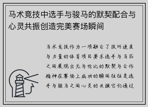 马术竞技中选手与骏马的默契配合与心灵共振创造完美赛场瞬间