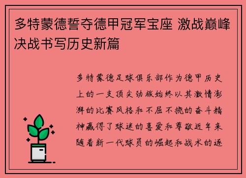 多特蒙德誓夺德甲冠军宝座 激战巅峰决战书写历史新篇