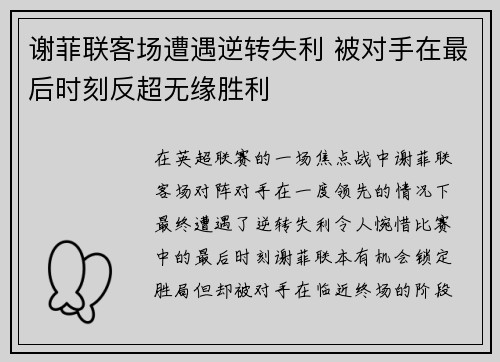 谢菲联客场遭遇逆转失利 被对手在最后时刻反超无缘胜利