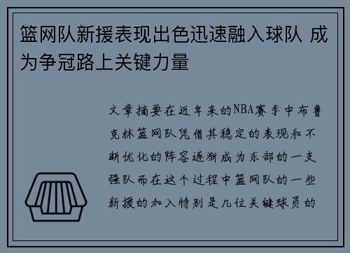 篮网队新援表现出色迅速融入球队 成为争冠路上关键力量