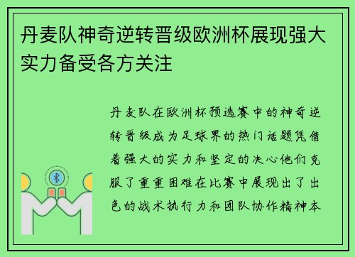 丹麦队神奇逆转晋级欧洲杯展现强大实力备受各方关注